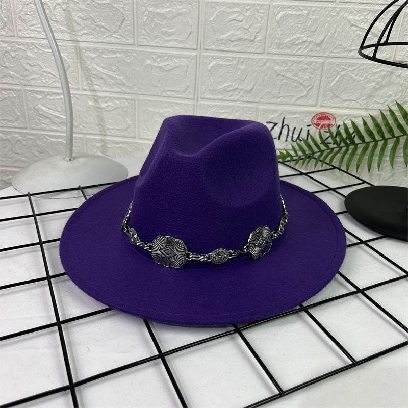 Hat Silver Square Chain Top Hat Wide Brim Flat Edge Woolen Fedora Hat - Mubimart