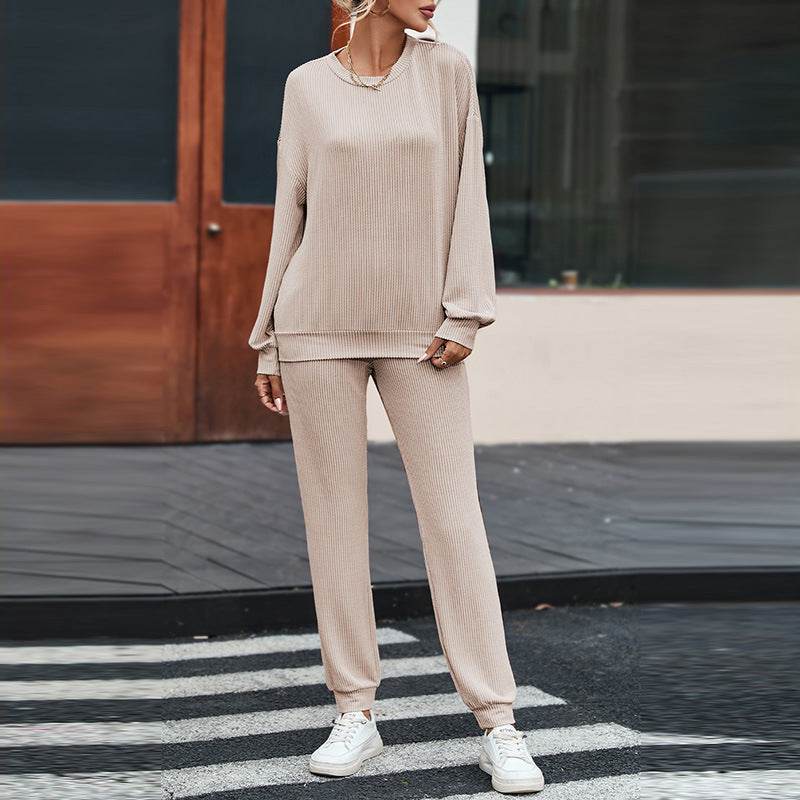 Solid Color Long-sleeved Trousers Loungewear Suit Casual Suit For Women - Mubimart