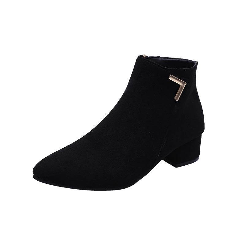 Block Heel Suede Pointed Toe Low-Heel Short Boots - Mubimart