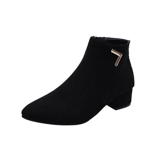 Block Heel Suede Pointed Toe Low-Heel Short Boots - Mubimart