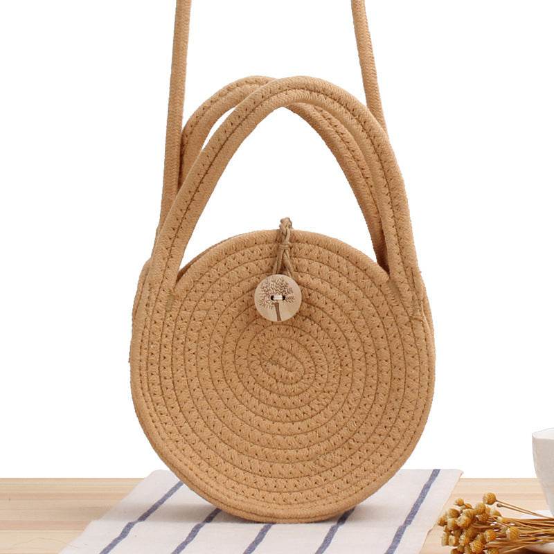 Round Straw Bags Women Summer Rattan Bag Handmade Woven Beach Cross Body Bag - Mubimart