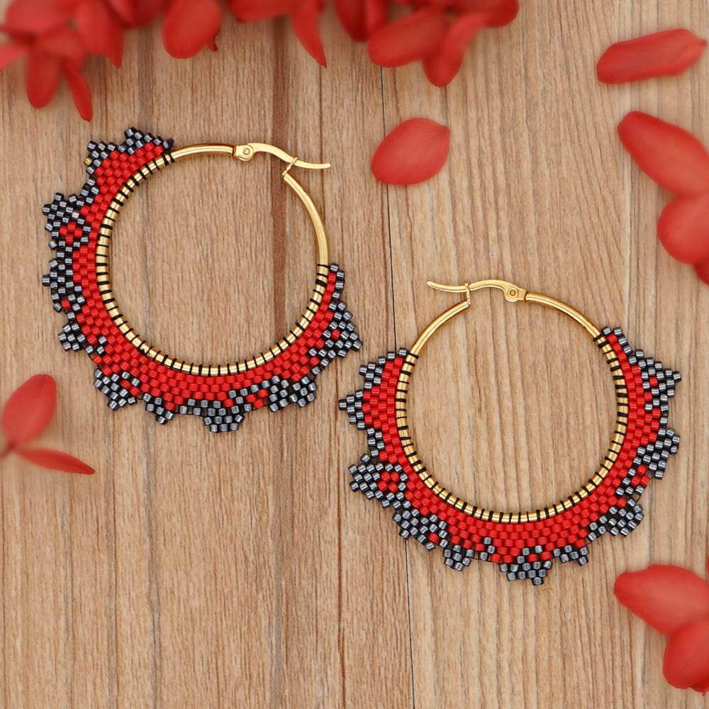 Handmade Woven Beaded Hoop Earrings - Mubimart