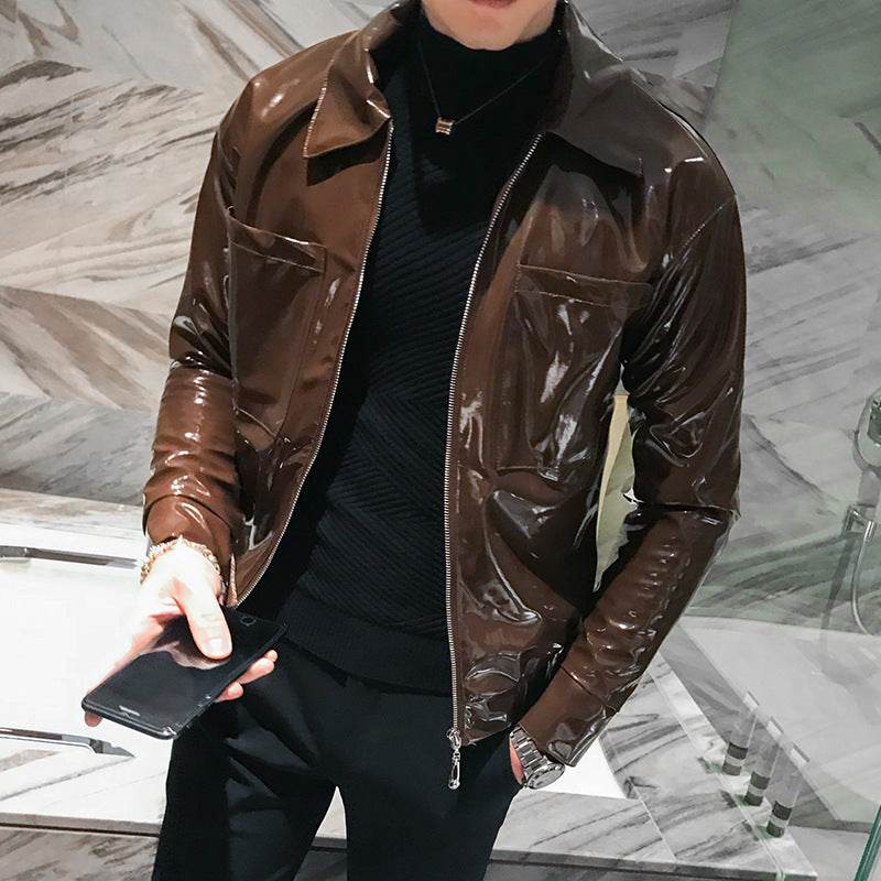 Handsome motorcycle jacket PU leather leather lapel jacket - Mubimart