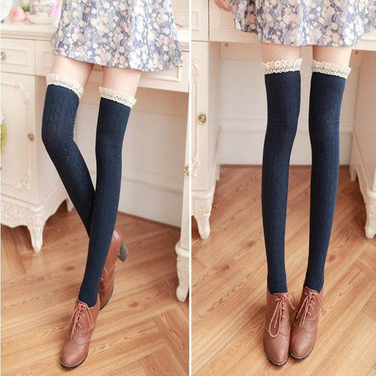 Lace lace over knee socks, high stockings, preppy stockings - Mubimart