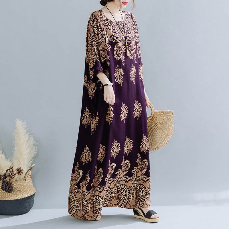 Spring Ethnic Style Plus Size Women's Cotton Silk Robe Loose Dress - Mubimart