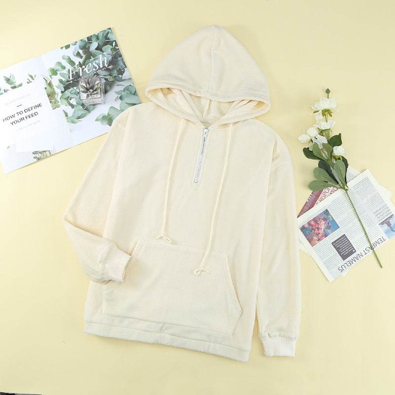Women Solid Color Hooded Long Sleeve Sweatshirt - Mubimart