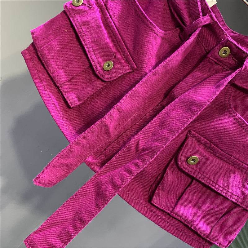 Women's Flamingo Color Denim Work Dress Short Skirt - Mubimart