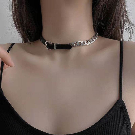 Punk Titanium Steel Cuban Chain Leather Choker Necklaces For Women - Mubimart