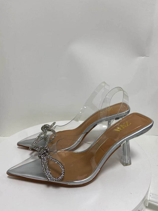 White Crystal Transparent Glitter High-heeled Mules - Mubimart
