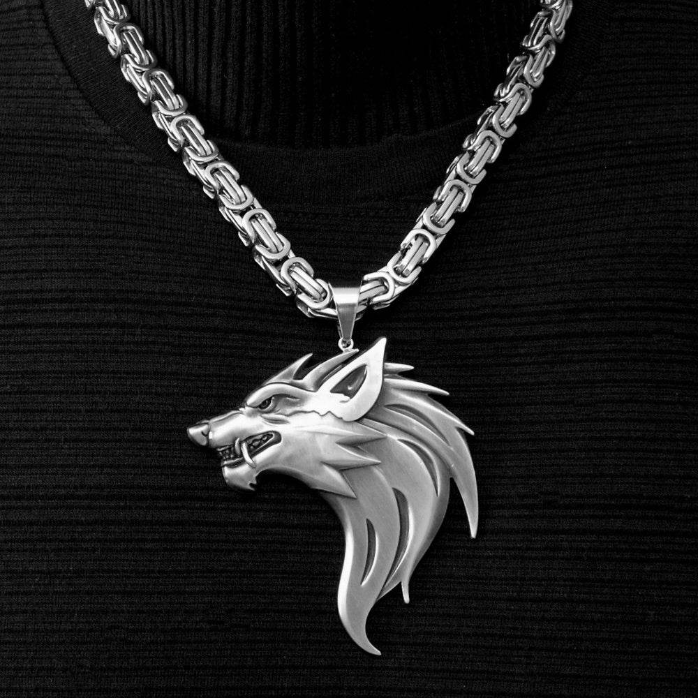 Wolf head pendant necklace men - Mubimart