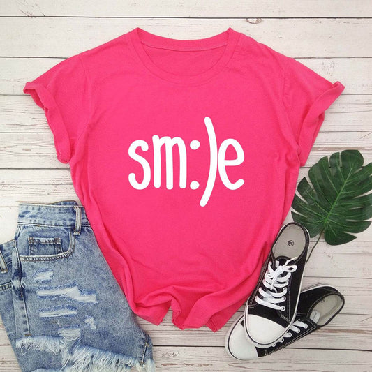 S-5XL Plus Size TShirt Women New Smile Letter Printed Shirt O Neck Short Sleeve Tees Summer Top 100%cotton Women's T-shirts - Mubimart