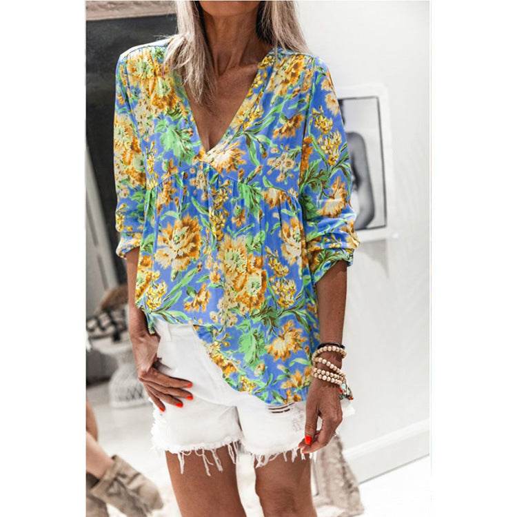 New Style Blouse Women Printing V-Neck Long-Sleeved T-Shirt Women - Mubimart