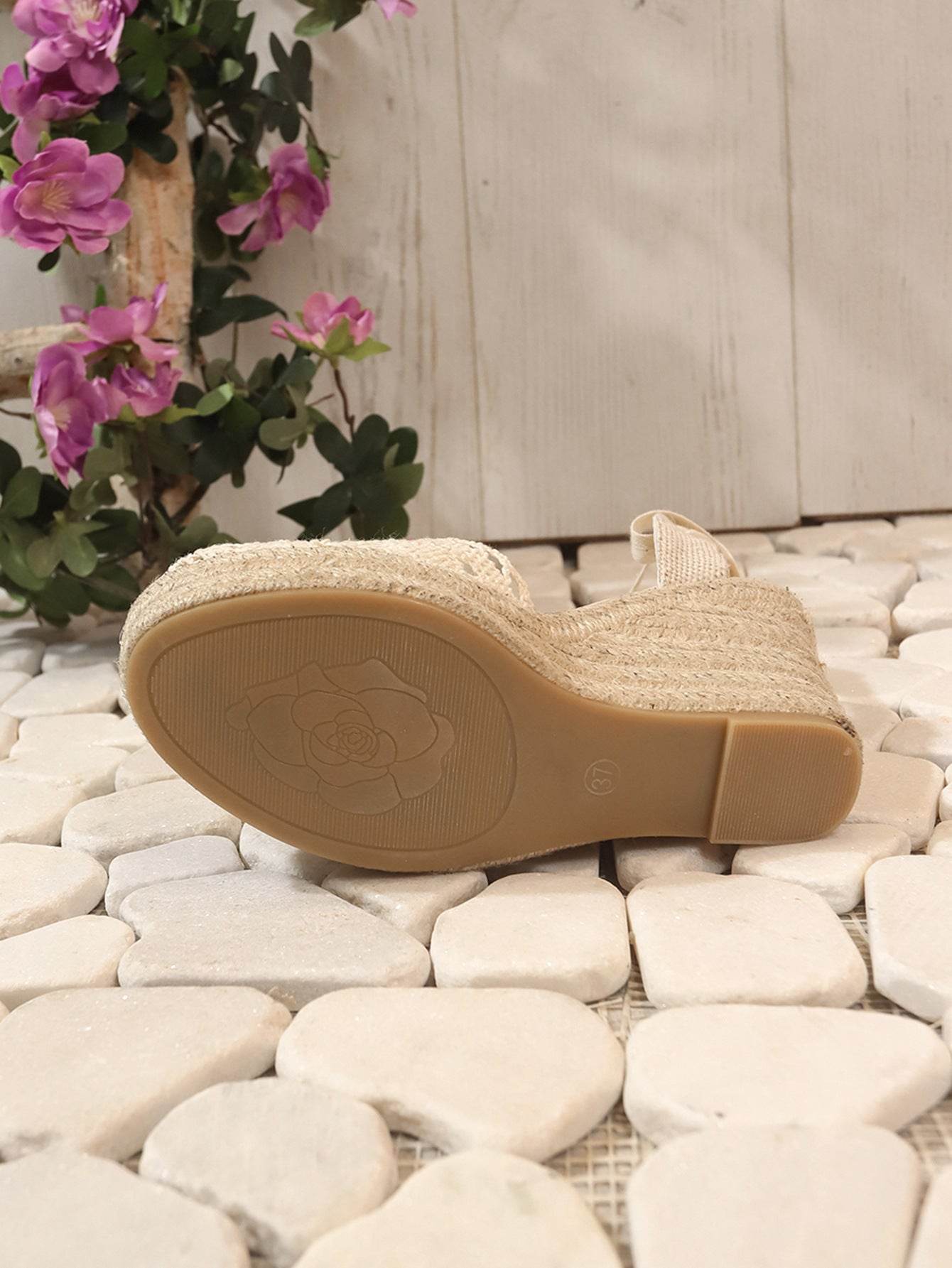 Women's Straw Woven Wedge High Heels Lace Lace-up Sandals - Mubimart