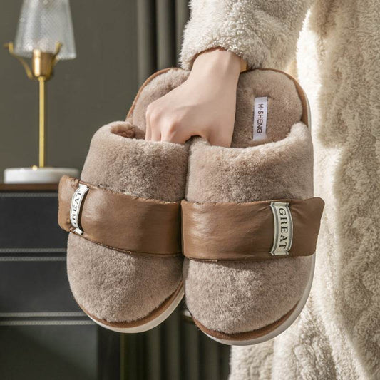 Hook Furry Slippers For Women Autumn And Winter Indoor Home Slipper Plus Velvet Warm Couple Bedroom Cotton Shoes - Mubimart
