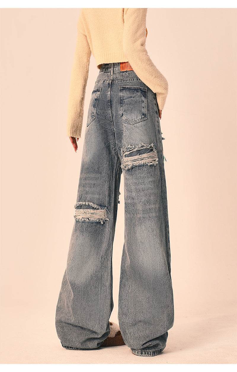 Ripped Jeans Women Loose Straight Wide Leg Oversized Trousers - Mubimart