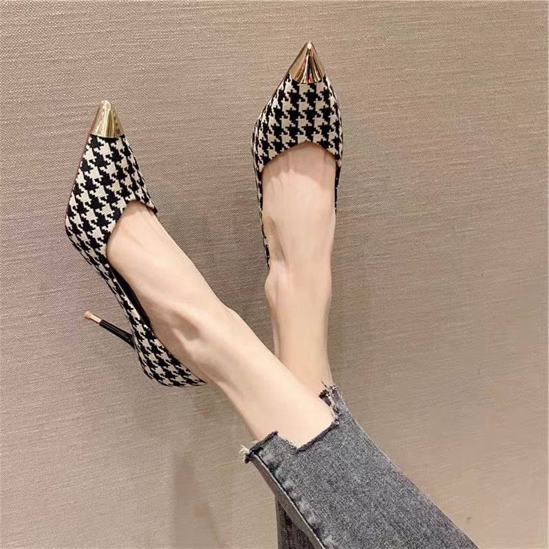 Ladies Plaid Pointed Toe Stiletto Pumps - Mubimart