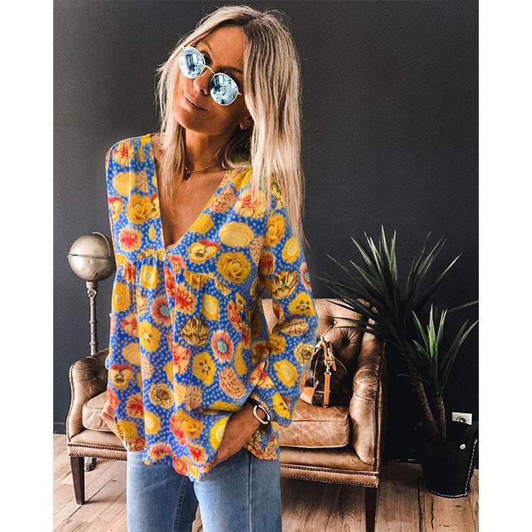 New Style Blouse Women Printing V-Neck Long-Sleeved T-Shirt Women - Mubimart