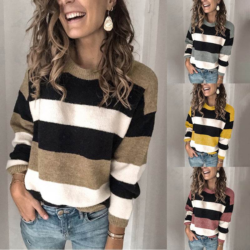 Plus size women's contrast striped sweater - Mubimart