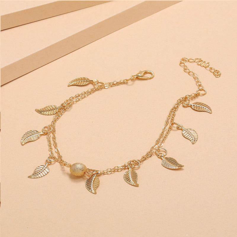 Frosted Round Beads, Small Leaves And Tassel Feet With Double-Layer Anklets - Mubimart