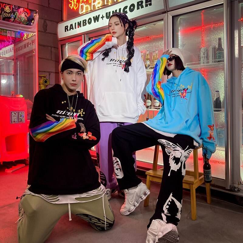 Hip Hop Rainbow Mens Streetwear Hoodie Sweatshirt Butterfly Print Pullover Cotton Casual Hooded Sweatshir Hipster Colorful - Mubimart
