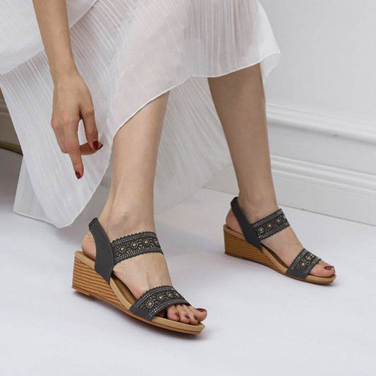 Flower Hollow Out Sandals With Rhinestones Wedges Shoes Women - Mubimart