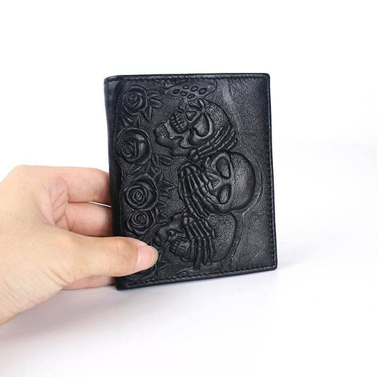 Rose Skull Leather Wallet Horizontal And Vertical Business Short Men's Business Casual Wallet - Mubimart