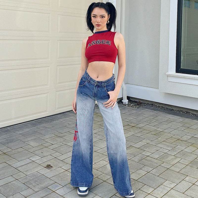 Retro Gradient Printed Washed Straight Skinny Jeans Women Women - Mubimart