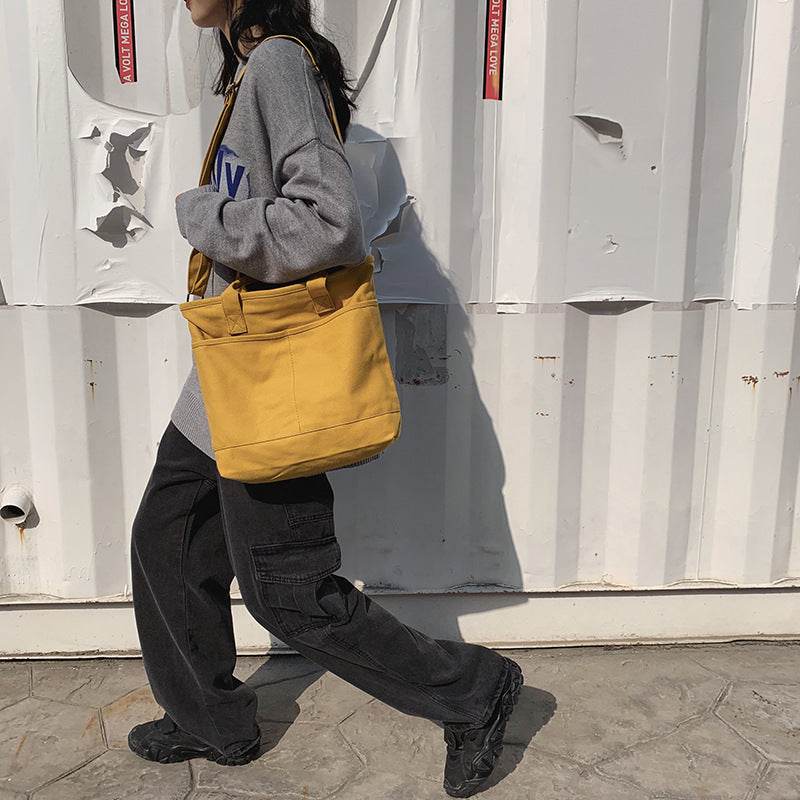 Solid Color Messenger Korean Girls' Canvas Satchel - Mubimart