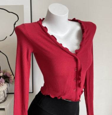 Retro Young Girl Single-breasted Ruffled Top - Mubimart