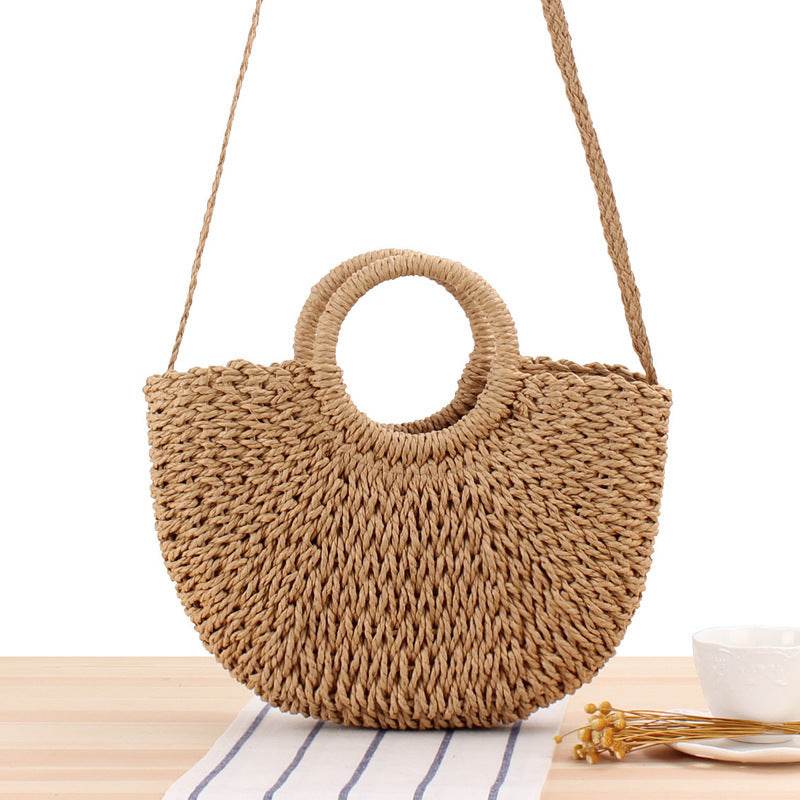 Round Straw Bags Women Summer Rattan Bag Handmade Woven Beach Cross Body Bag - Mubimart
