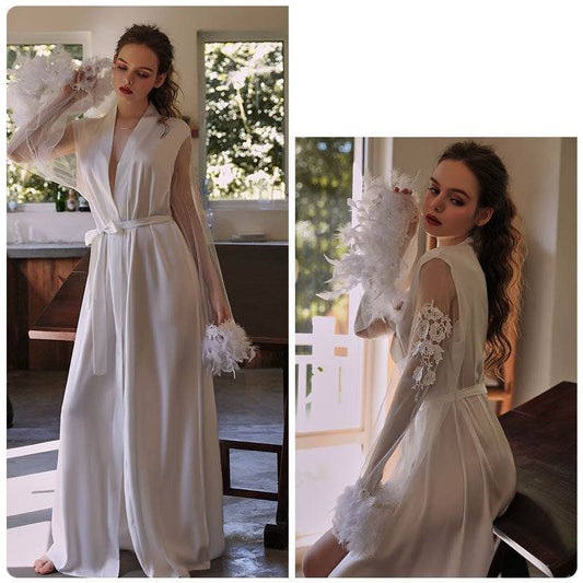 Embroidered Lace-up Long Nightgown Loungewear - Mubimart