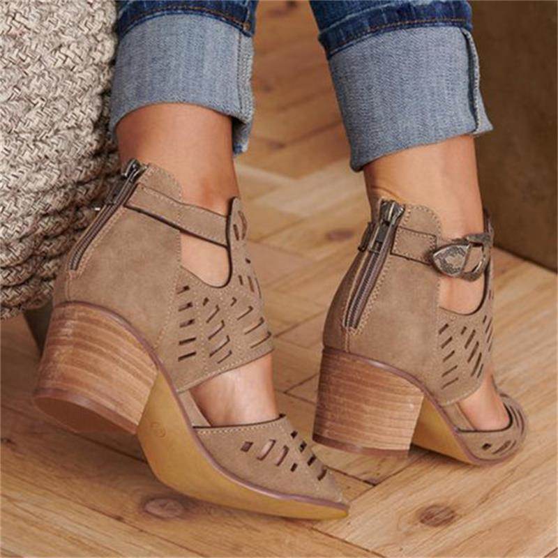 Cutout carved block heel sandals - Mubimart