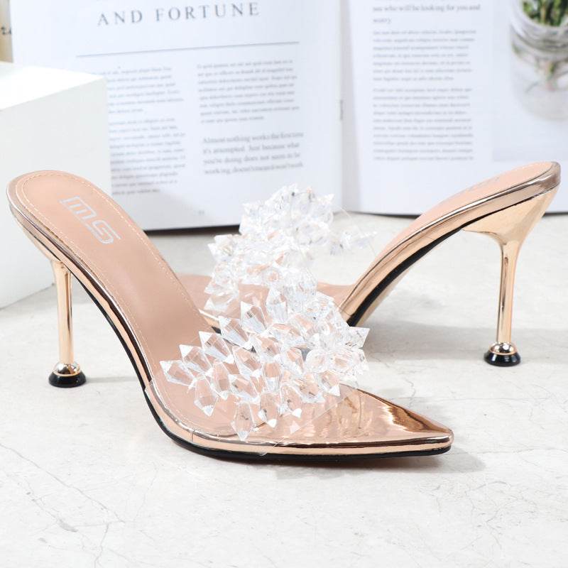 Summer Pointed High Heels Solid Color High Heels Rhinestone Sandals - Mubimart