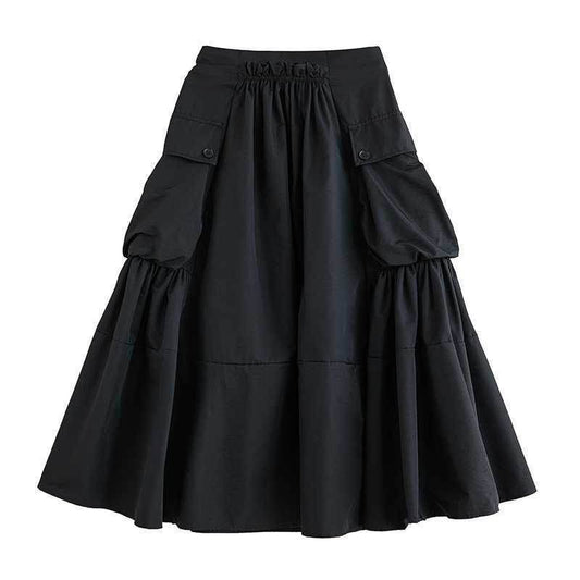 Loose Slimming Workwear Large Pocket Large Hem High Waist Pleated Skirt - Mubimart