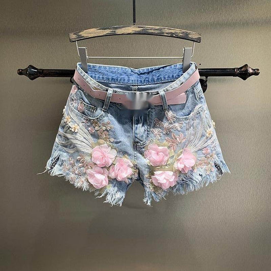 New Embroidery Beads Loose Straight Denim Shorts Women - Mubimart