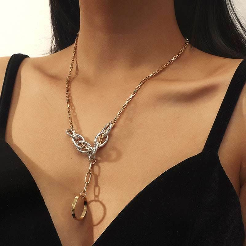 Sexy Chain Necklace Punk Exaggerated Sweater Chain Double Ring Pendant Necklace Men And Women Clavicle Chain - Mubimart