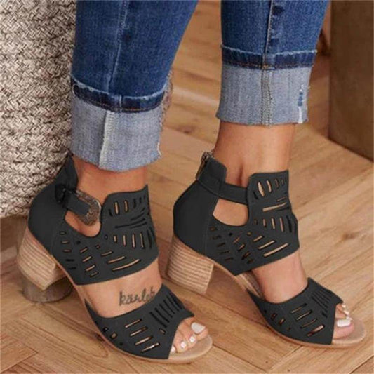 Cutout carved block heel sandals - Mubimart