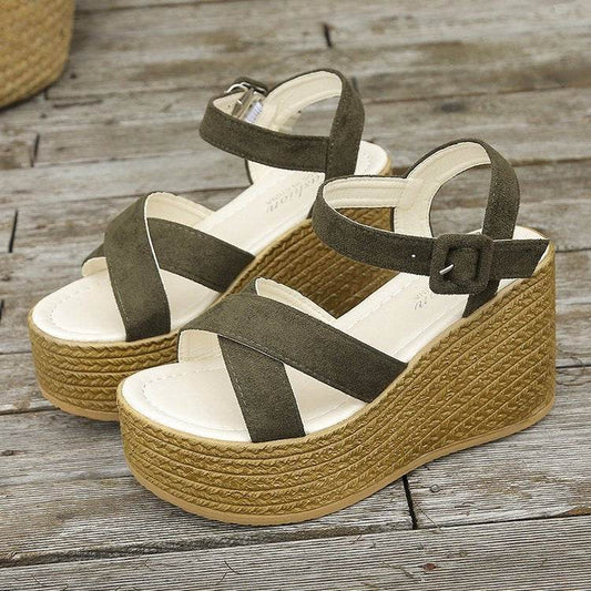 Wedge Sandals For Women Summer Casual Non-slip Cross-strap Platform Shoes With Hemp Heels Shoes - Mubimart