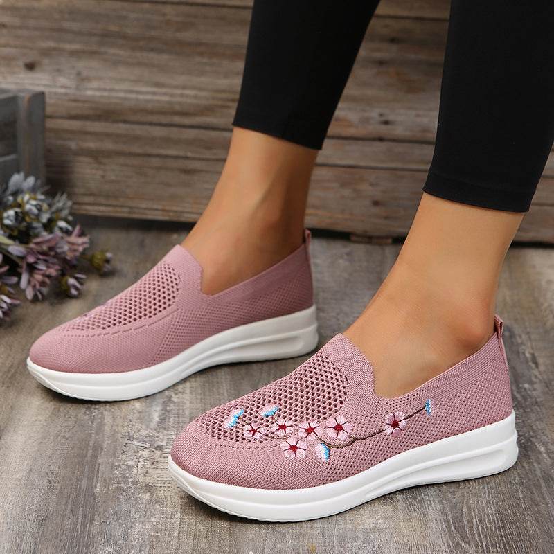 Loafers Women Flowers Embroidery Shoes Breathable Mesh Flats - Mubimart