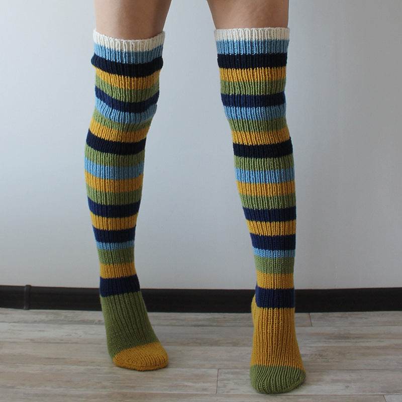 Fashion Y2K Striped Long Knee-high Knitted Pile Of Socks For Women - Mubimart