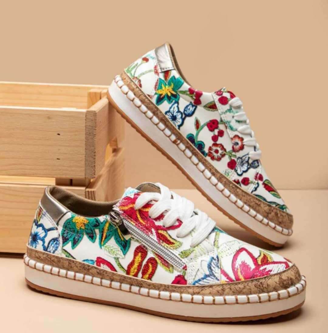 Ethnic Style Printed Flats Shoes Casual Side Zip Slip-on Shoes Loafers Women - Mubimart