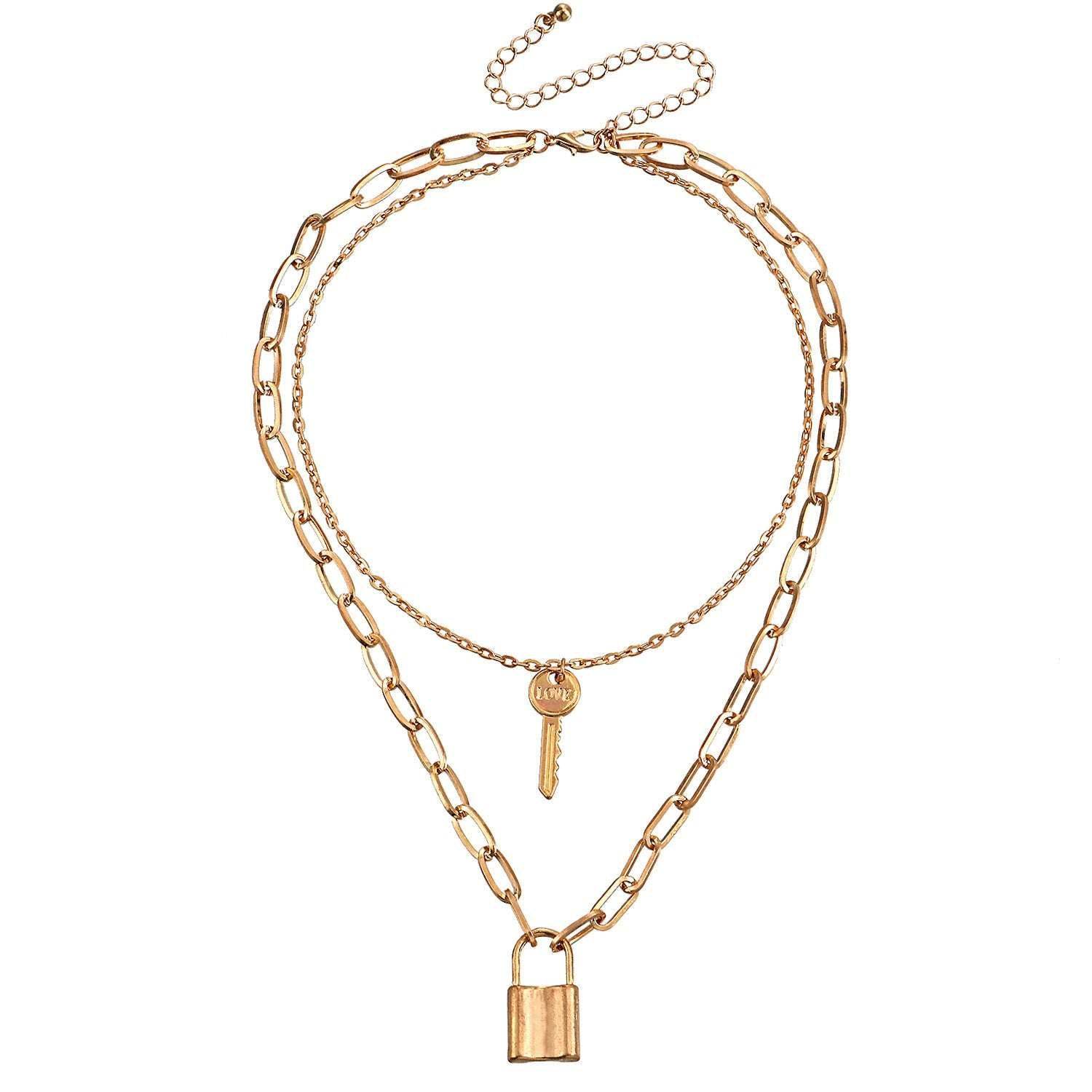 Chain Padlock Key Pendant Necklace Women - Mubimart