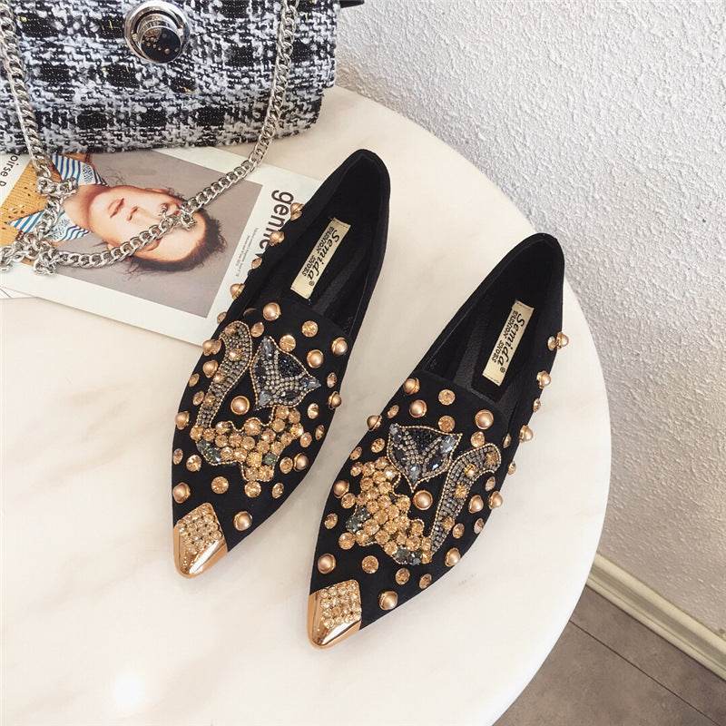 Women's Rhinestone Pointed Toe Rivet Flat Shoes - Mubimart