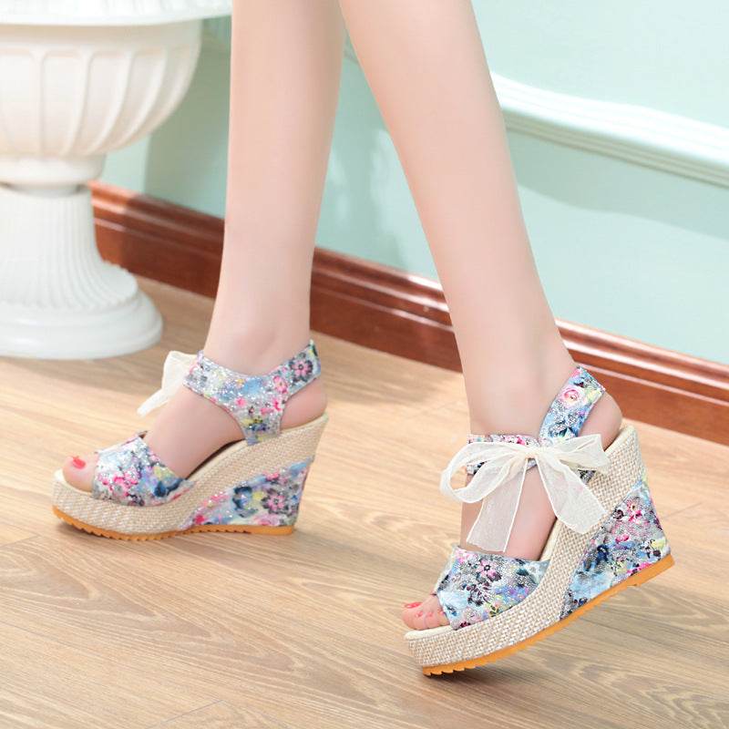 Sandals Women Wedge Heel Lace Lace High Heel Women Shoes - Mubimart