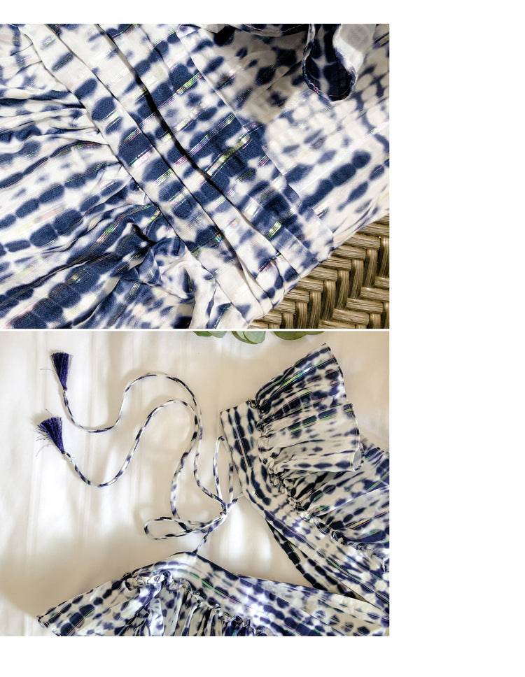 Summer Socialite Elegant V-neck High Waist Heavy Work Tie-dyed Waist Slim Mid-length Cake Dress - Mubimart
