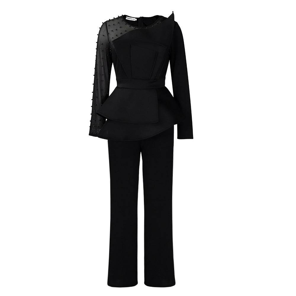 Long Sleeve Mesh Splicing Beads Banquet Plus Size Jumpsuit - Mubimart