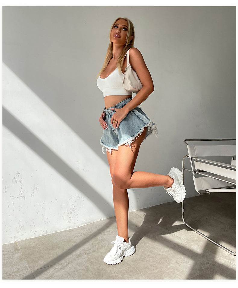 High Waist Loose-fitting Tassel Denim Shorts For Women - Mubimart