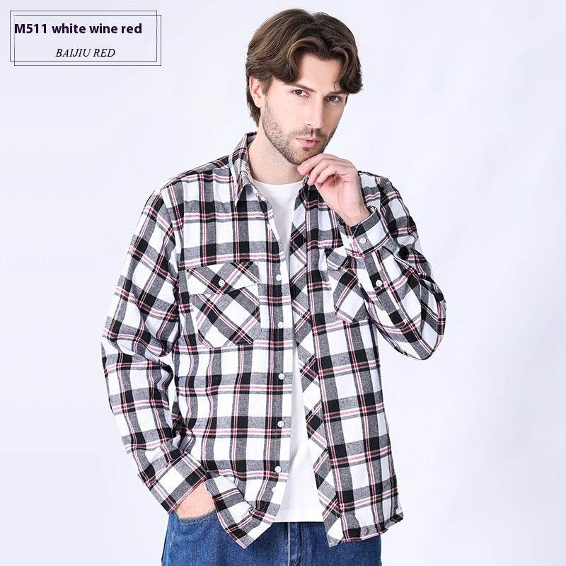 Vintage Flannel Men's Long Sleeve Brushed Plaid Shirt Coat - Mubimart