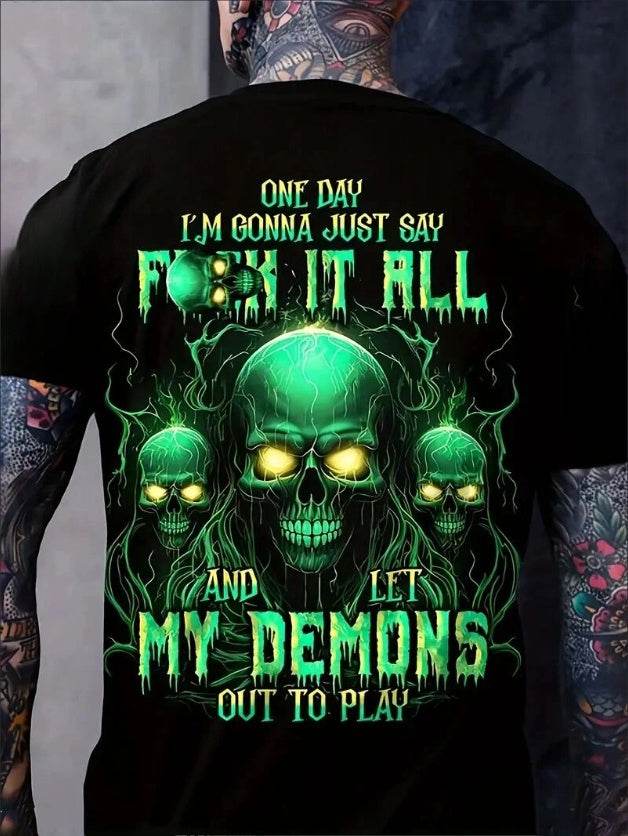 Spooky My Demons Graphic Skull Print Crew Neck Short Sleeve T-shirt - Comfy Polyester Relaxed Fit Tee With Contrast Collar And Slight Stretch For Mens Casual Summer Vacation And Daily Wear - Mubimart