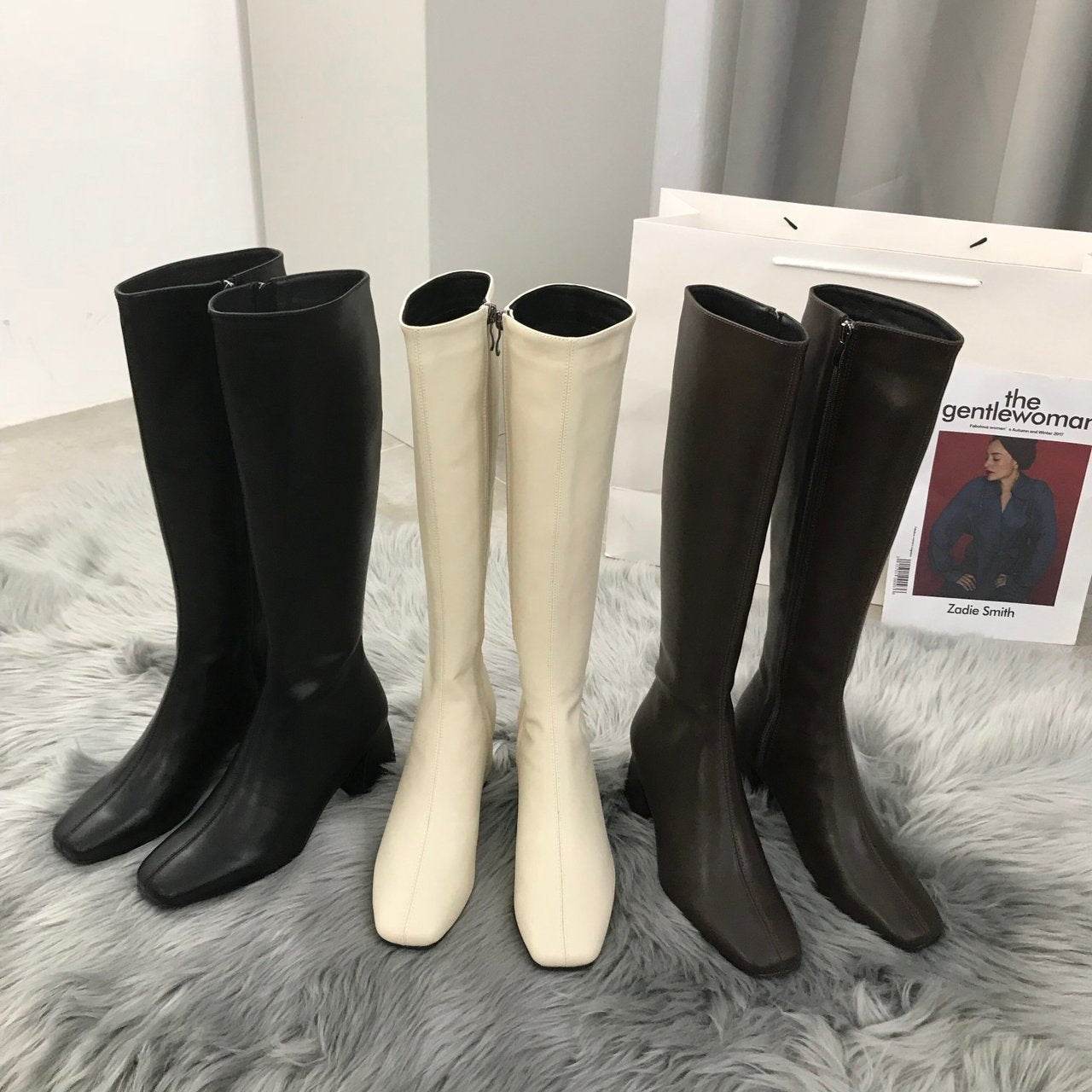 But Women's Knee Side Zipper Square Toe Boots - Mubimart